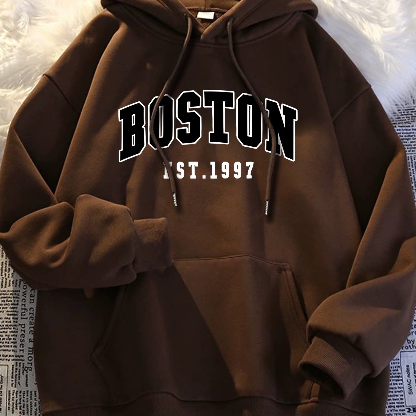 Men'S Black BOSTON EST 1997 Hoodie- Loose Fit Casual Pullover with Front Pocket, Machine Washable Autumn Winter Street Style Comfortable Hoodie