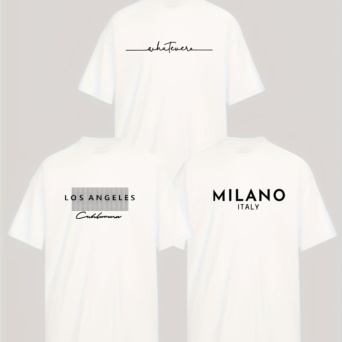 3pcs Stylish T-shirt Set with Los & Milan Art Monogram Print - Relaxed, Breathable Polyester Blend, Machine Washable - Perfect for Summer