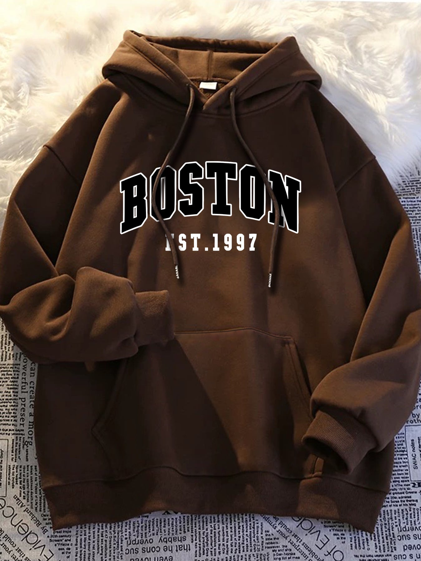 Men'S Black BOSTON EST 1997 Hoodie- Loose Fit Casual Pullover with Front Pocket, Machine Washable Autumn Winter Street Style Comfortable Hoodie
