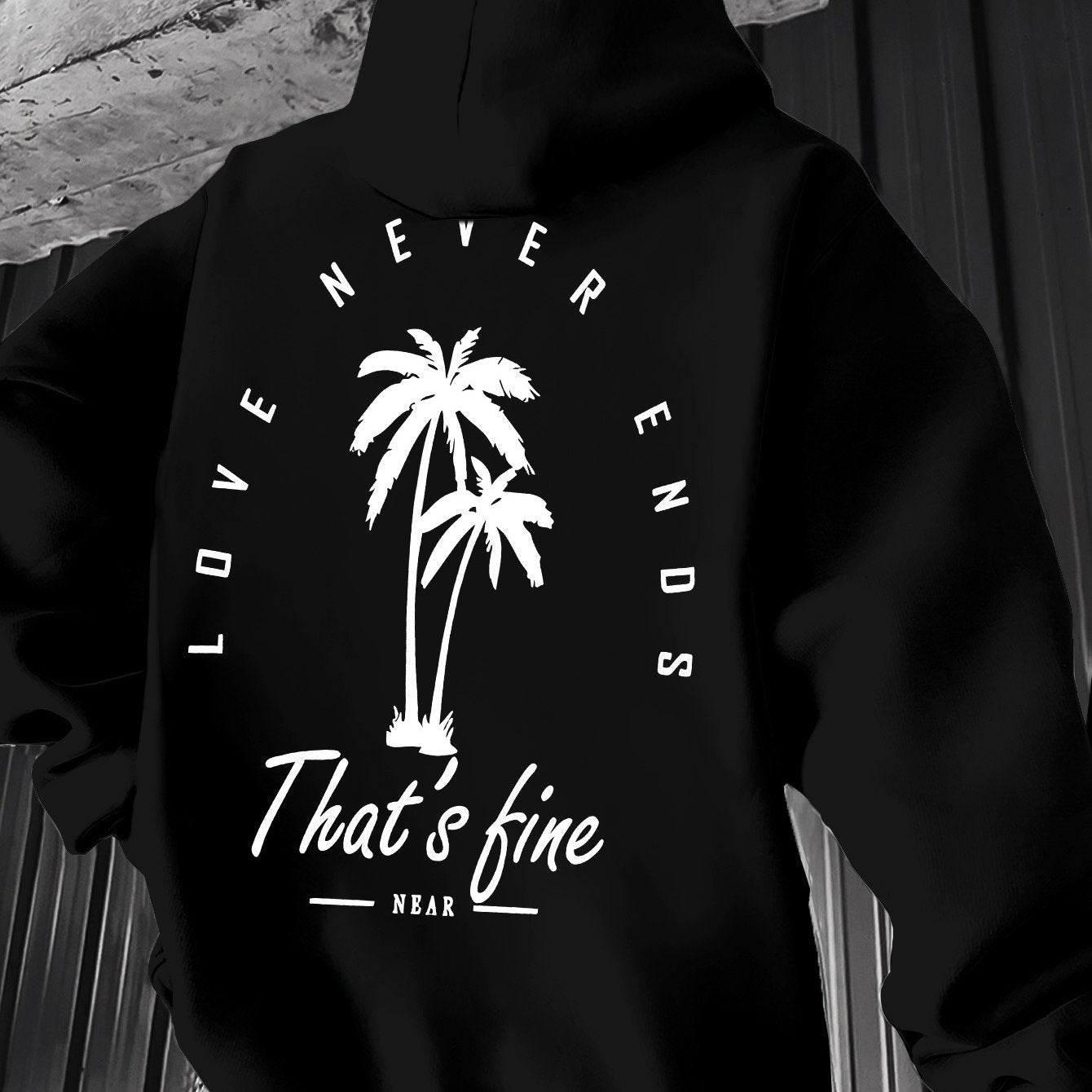 Men's Black Graphic Hooded Sweatshirt with Palm Tree Design & \