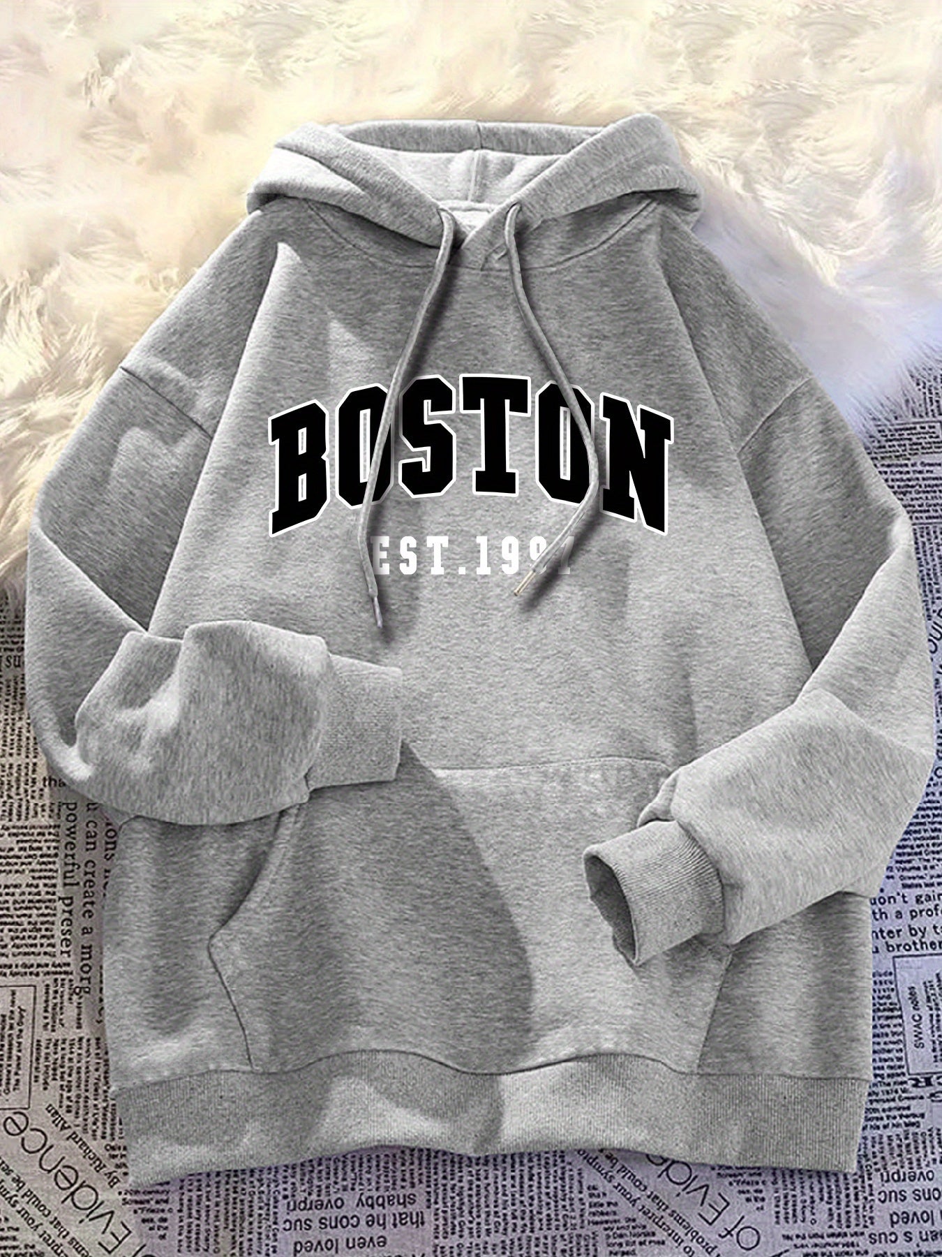 Men'S Black BOSTON EST 1997 Hoodie- Loose Fit Casual Pullover with Front Pocket, Machine Washable Autumn Winter Street Style Comfortable Hoodie