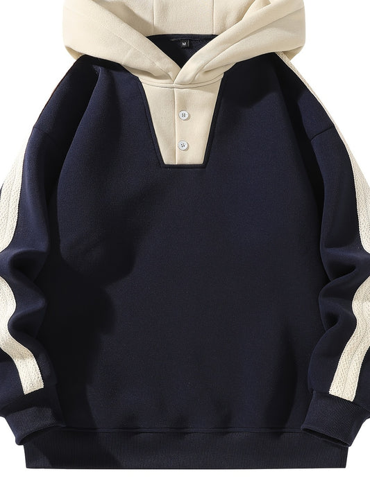Unisex Fashion Contrast Stitch Hoodie with Button Detail, Sleeve Lace Trim Trendy Pullover Sweatshirt for Men and Women, Casual Summer Wear, Casual Wear Hoodie | Contrast Stitching Hoodie | Glossy Finish Hoodie