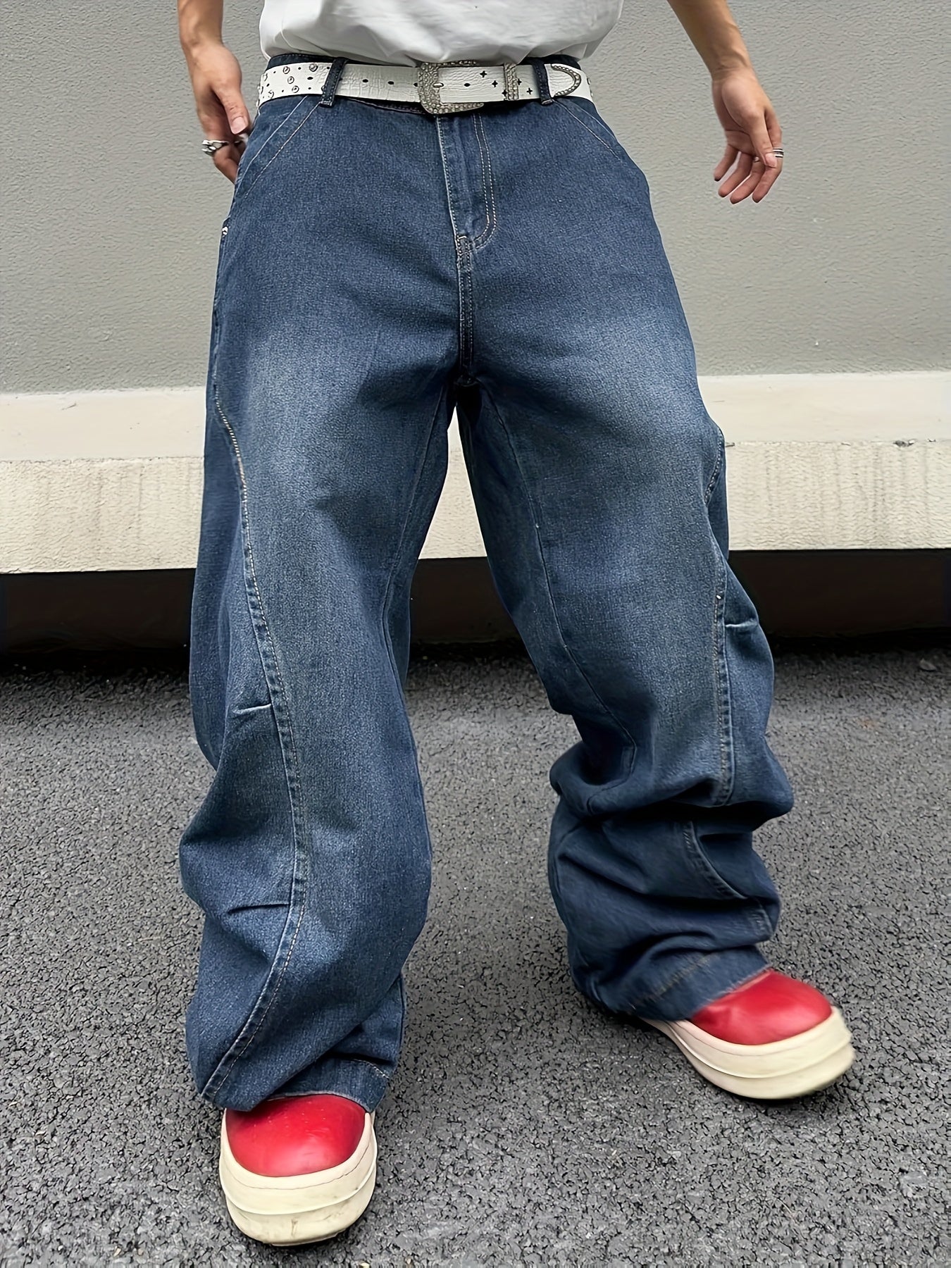 1pc Chinese Streetwear Men'S JeansHip-Hop Street Style American Retro Washed Trendy Long PantsHeavy-Duty Destroyed High-Street Men'S Jeans with Large PocketsAll-Season Wearable, Perfect for Daily Commuting
