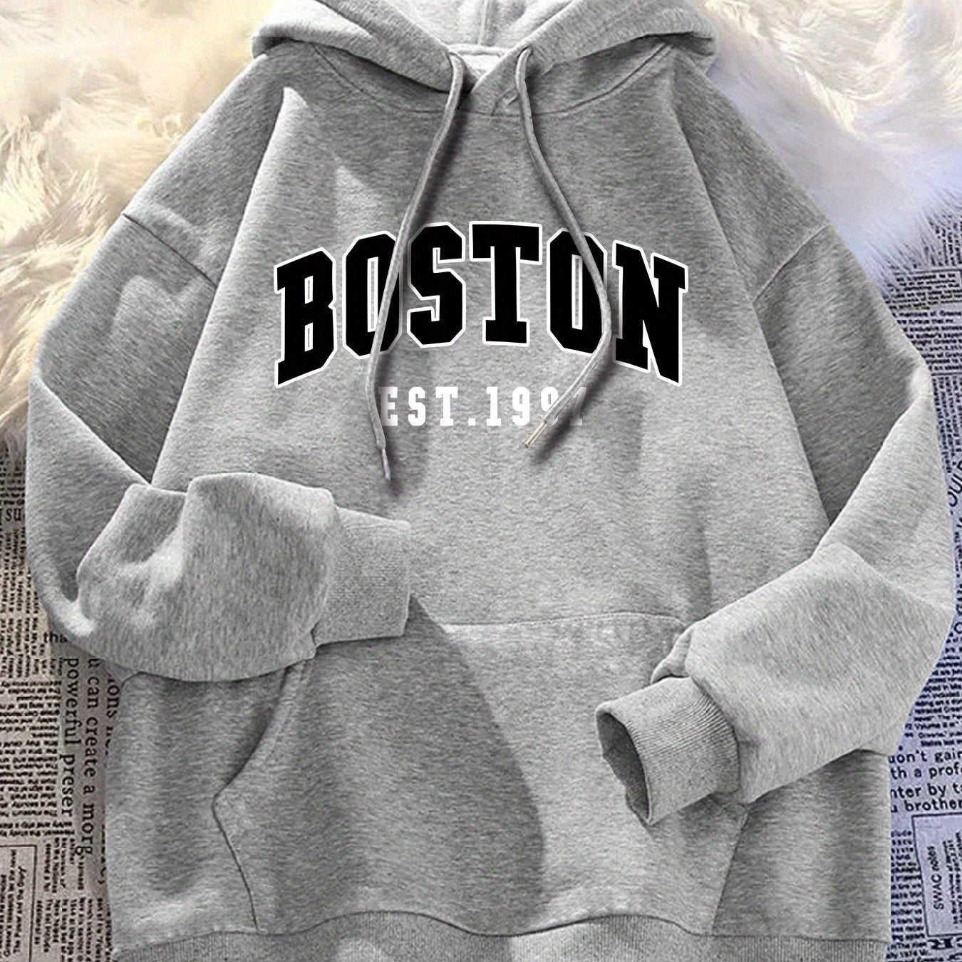 Men'S Black BOSTON EST 1997 Hoodie- Loose Fit Casual Pullover with Front Pocket, Machine Washable Autumn Winter Street Style Comfortable Hoodie