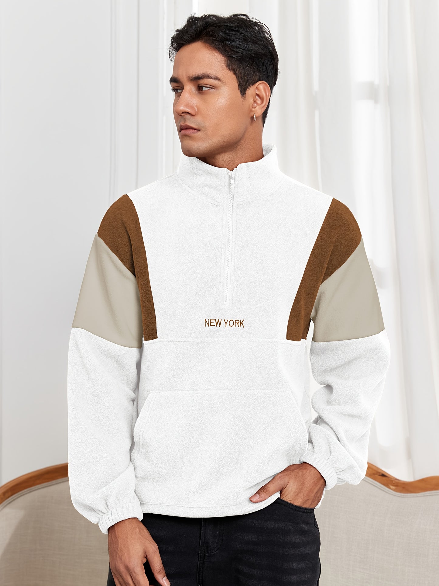 Men's Fluffy Polar Fleece Hoodie with NEW YORK Lettering & Colorblock Design - Half-Zip Stand Collar Sweatshirt, Loose Fit Unisex Pullover for Casual & Athletic Wear, Machine Washable (Black\u002FOlive\u002FBeige)