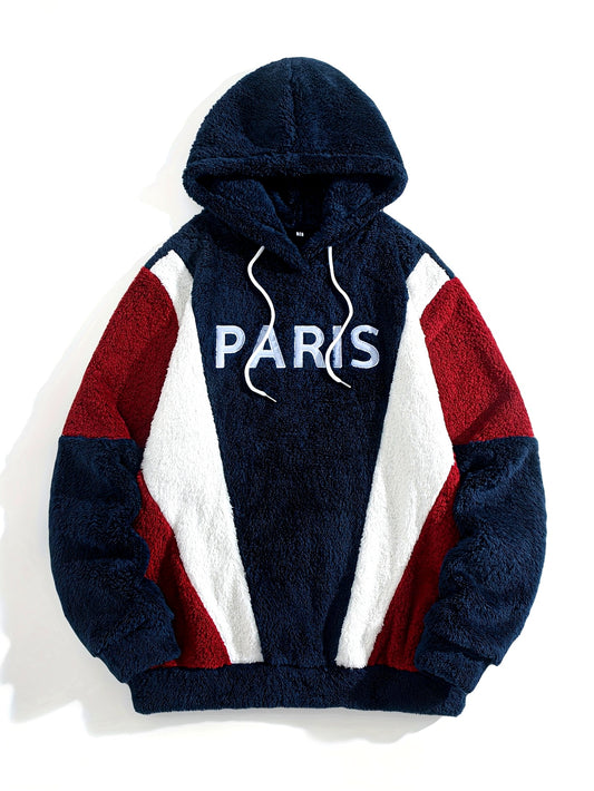 Thickened Color-Blocked Hoodie - Double-Sided Plush, Embroidery, Ideal for Casual Wear