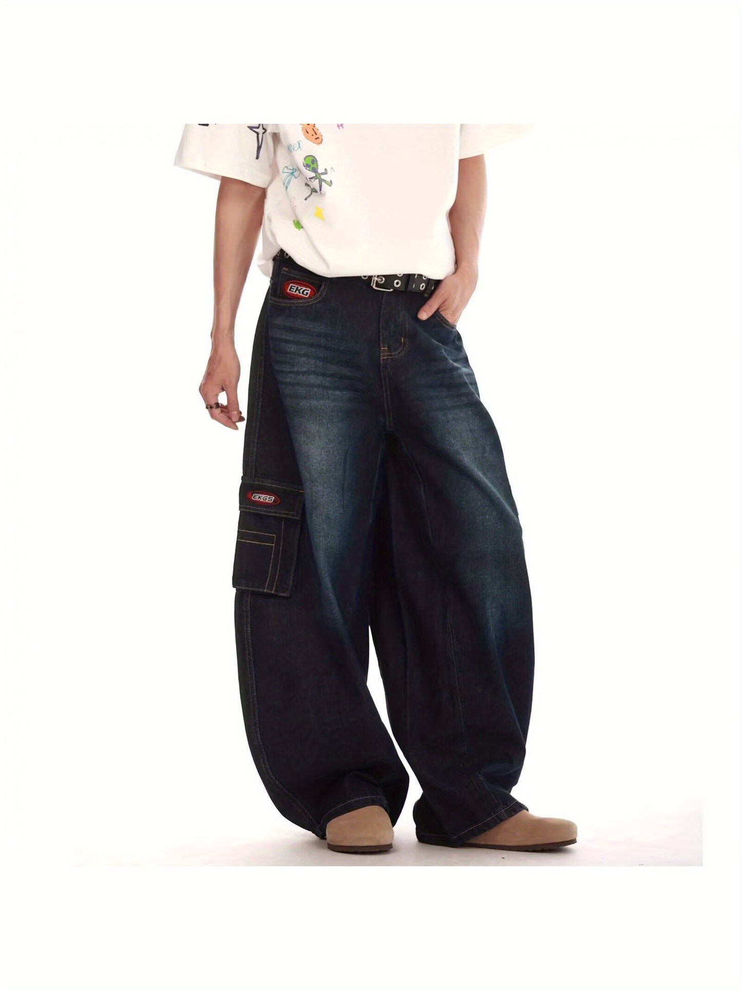 Men'S Dark Blue Scimitar Faux Denim - Vintage Style, Loose Fit, Straight Workwear with Slit Pockets, Wide Leg Faux Denim Pants for Autumn and Winter, Casual Streetwear|Vintage Faux Denim|Woven Texture