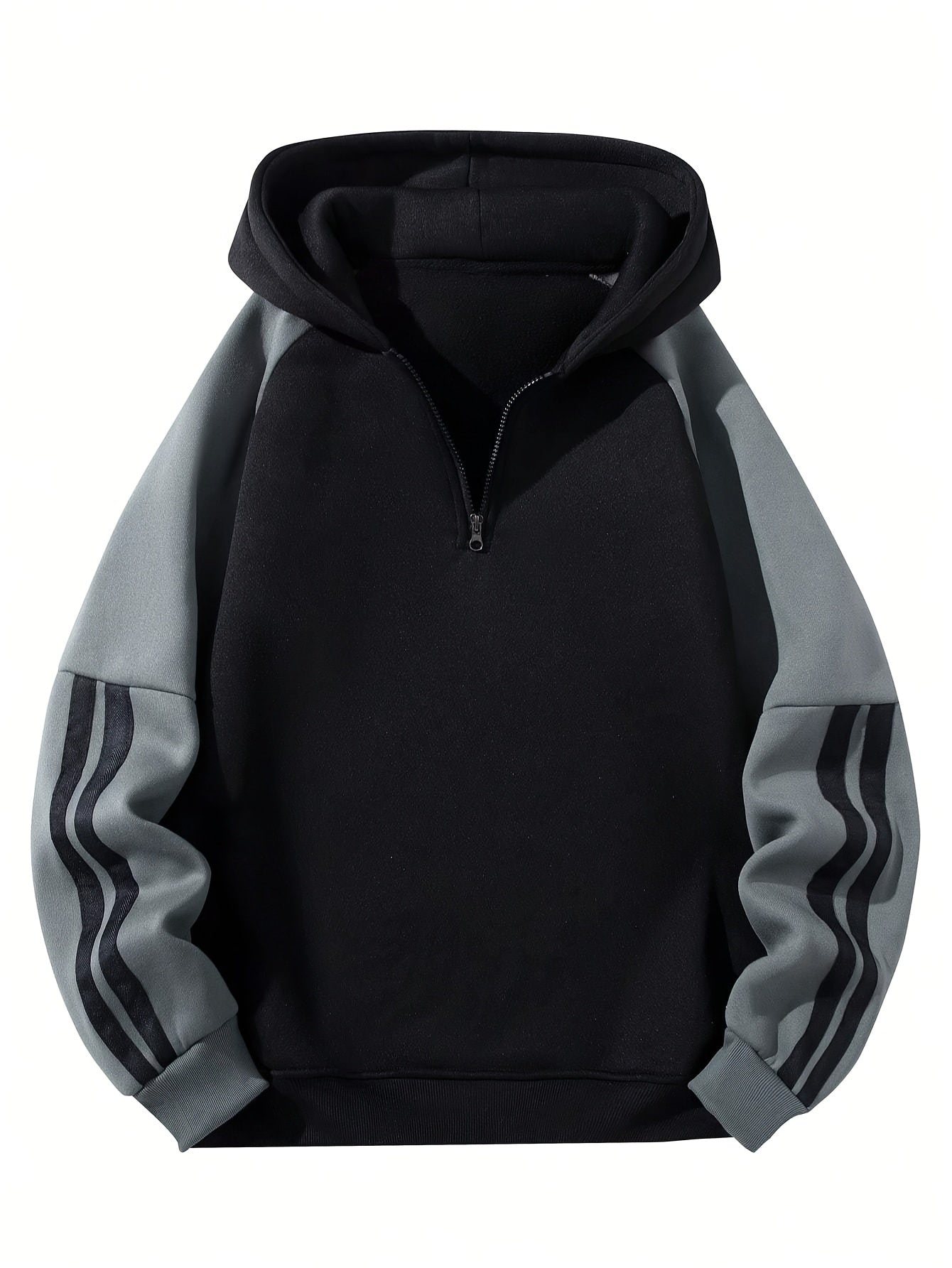 Men'S Casual Hooded Sweatshirt with Zipper - Black and Gray Striped Shoulder Sleeves, Regular Fit, Autumn and Spring Style, Casual Wear|Striped Hoodie|Zippered Hoodie