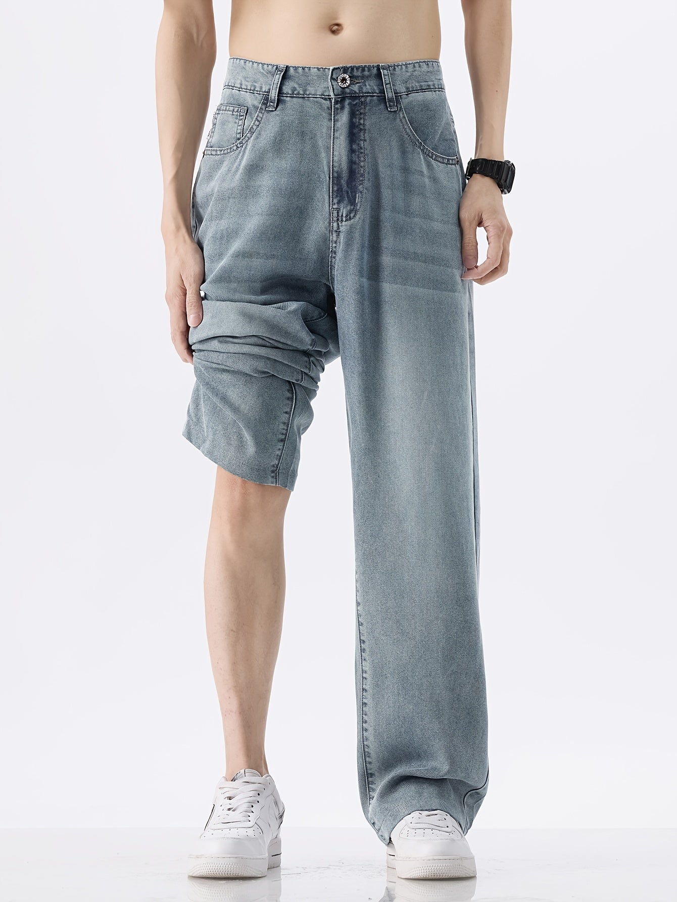 Men'S Vintage Washed Blue Wide-Leg Faux Denim - Breathable, Comfortable