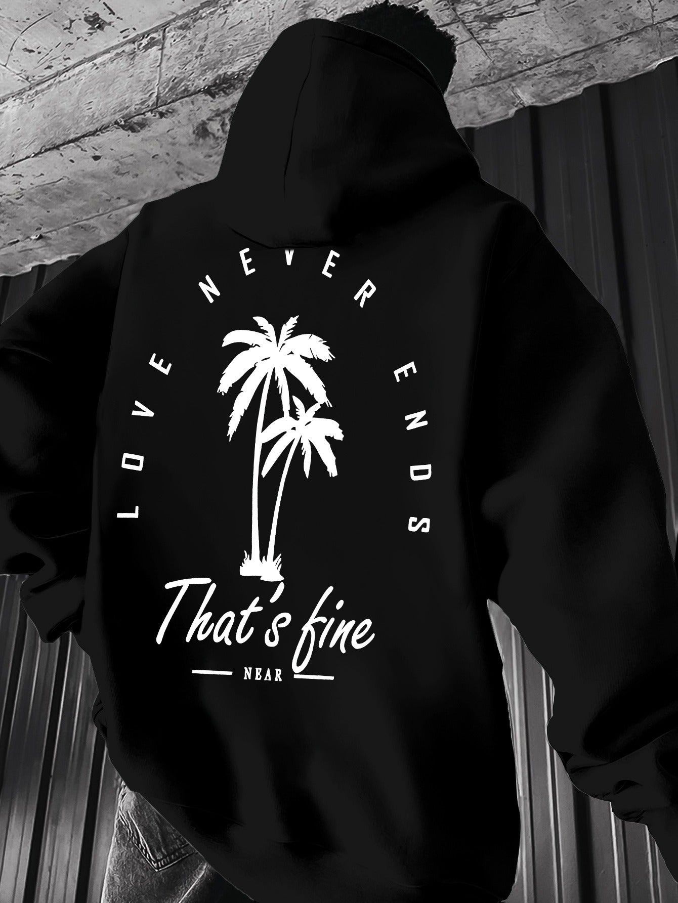 Men's Black Graphic Hooded Sweatshirt with Palm Tree Design & \