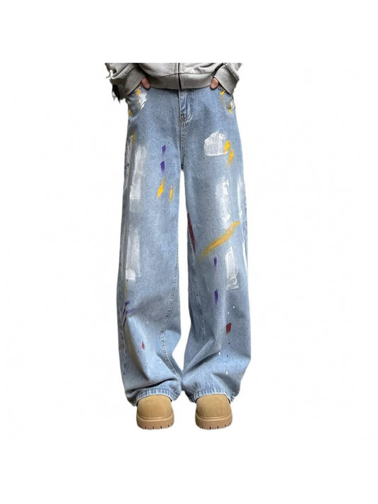 American Retro Paint Dot Graffiti Jeans Men High Waist Straight Wide Leg Pants 2024 New Casual Versatile Cargo Pants