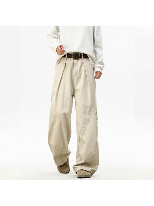 American Retro Pleated Paratrooper Cargo Pants - Unisex High Street Loose Straight Leg with Multiple Pockets, Mid-Rise Belt Loops & Zipper Closure, Solid Color All-Season Casual Trousers for Men & Women