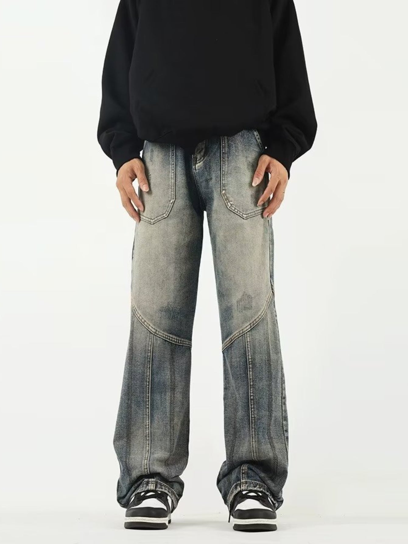 American vintage patchwork jeans Men's trendy topline loose straight pants, Jeans Pant for Men