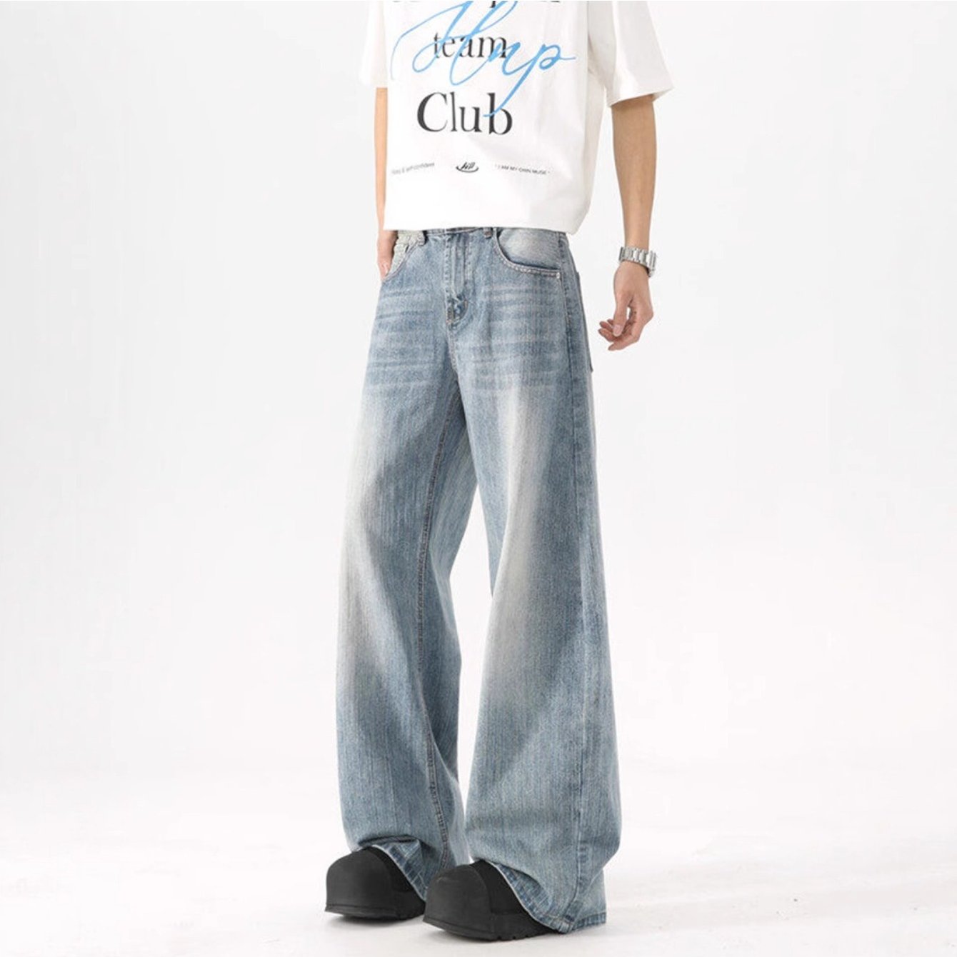 New washed blue jeans Men's summer high street versatile casual wide leg trousers loose wide leg trousers