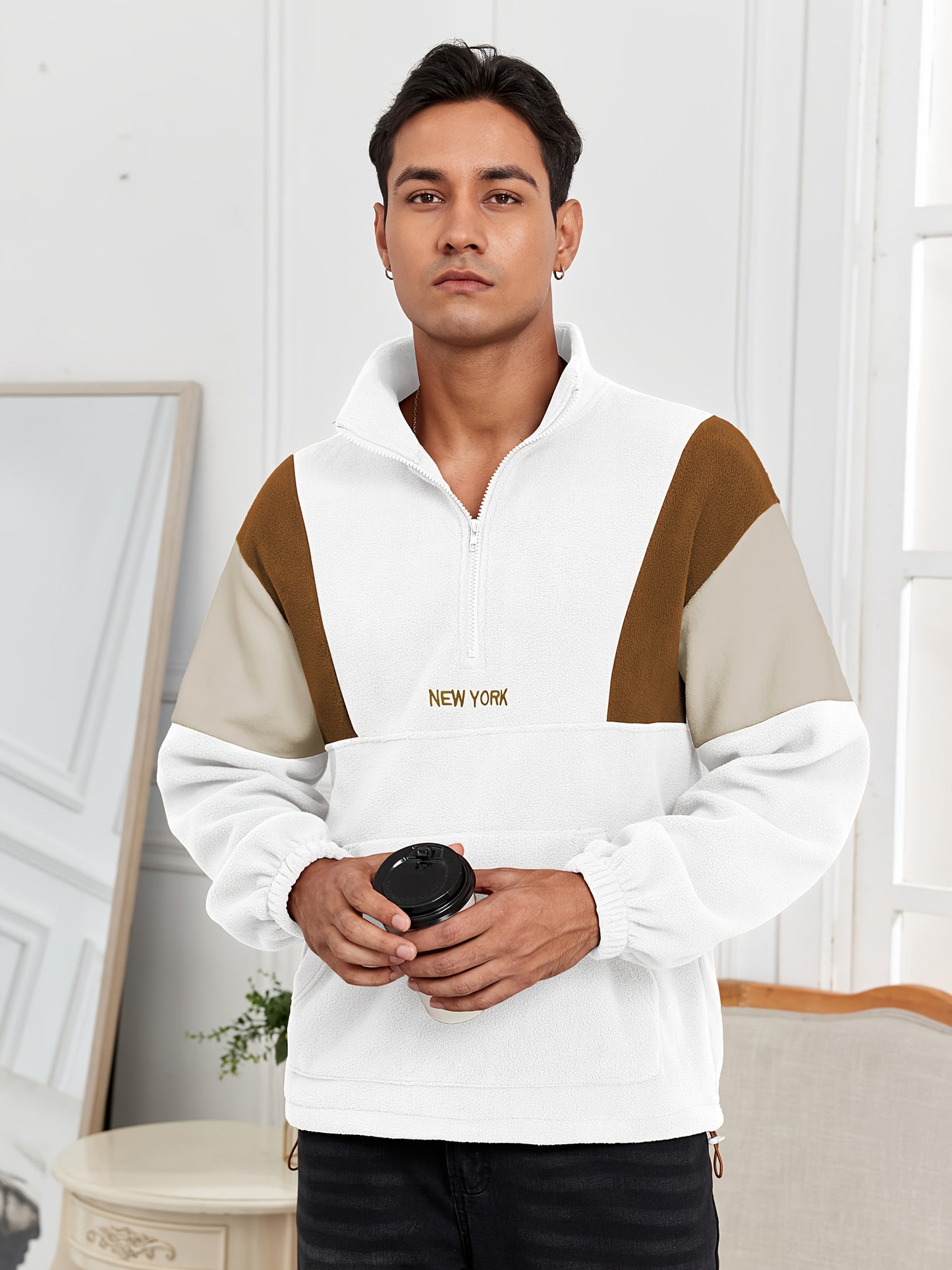 Men's Fluffy Polar Fleece Hoodie with NEW YORK Lettering & Colorblock Design - Half-Zip Stand Collar Sweatshirt, Loose Fit Unisex Pullover for Casual & Athletic Wear, Machine Washable (Black\u002FOlive\u002FBeige)