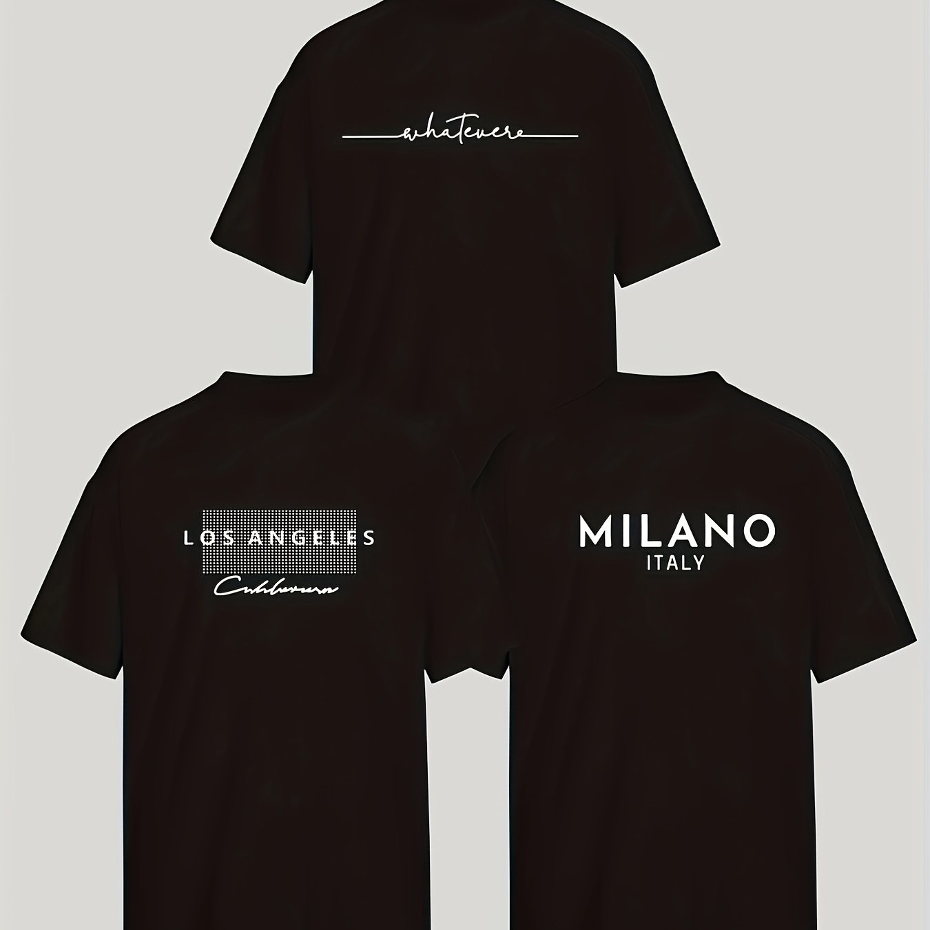 3pcs Stylish T-shirt Set with Los & Milan Art Monogram Print - Relaxed, Breathable Polyester Blend, Machine Washable - Perfect for Summer