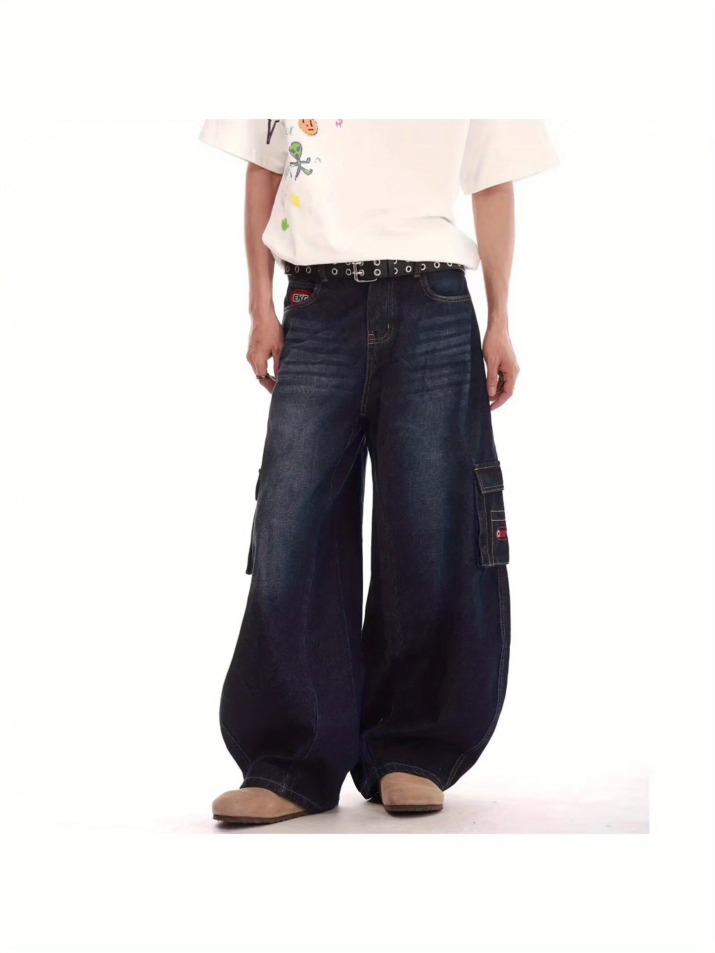 Men'S Dark Blue Scimitar Faux Denim - Vintage Style, Loose Fit, Straight Workwear with Slit Pockets, Wide Leg Faux Denim Pants for Autumn and Winter, Casual Streetwear|Vintage Faux Denim|Woven Texture