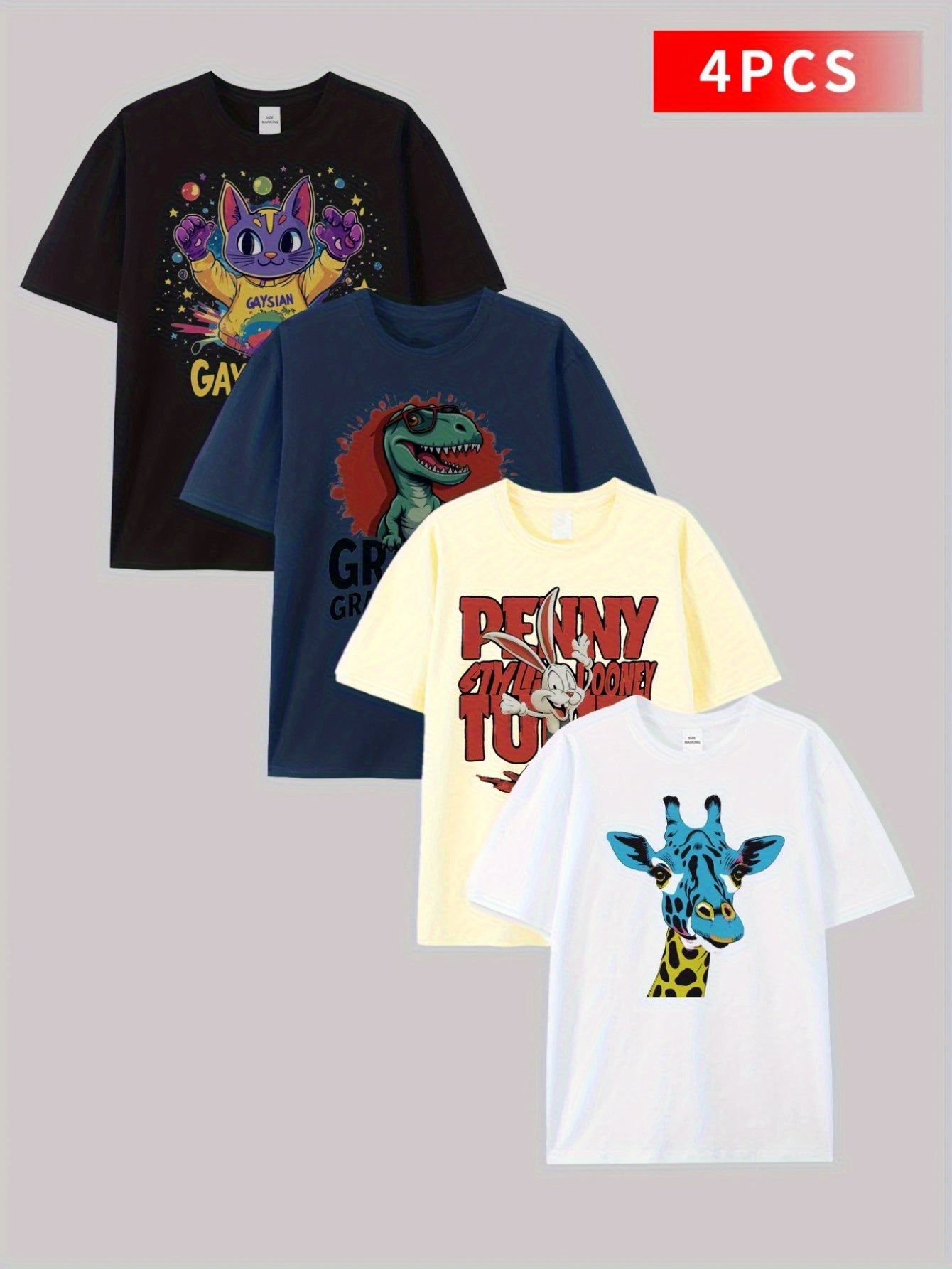 4pcs Men'S Cotton T-Shirts - Fun Cartoon Print, Soft & Breathable, Loose Fit, Short Sleeve, Round Neck, 220g\u002F㎡, Perfect for Casual Summer Wear, Machine Washable, Casual Summer Wear | Playful Graphic Tee | Soft Cotton Tee