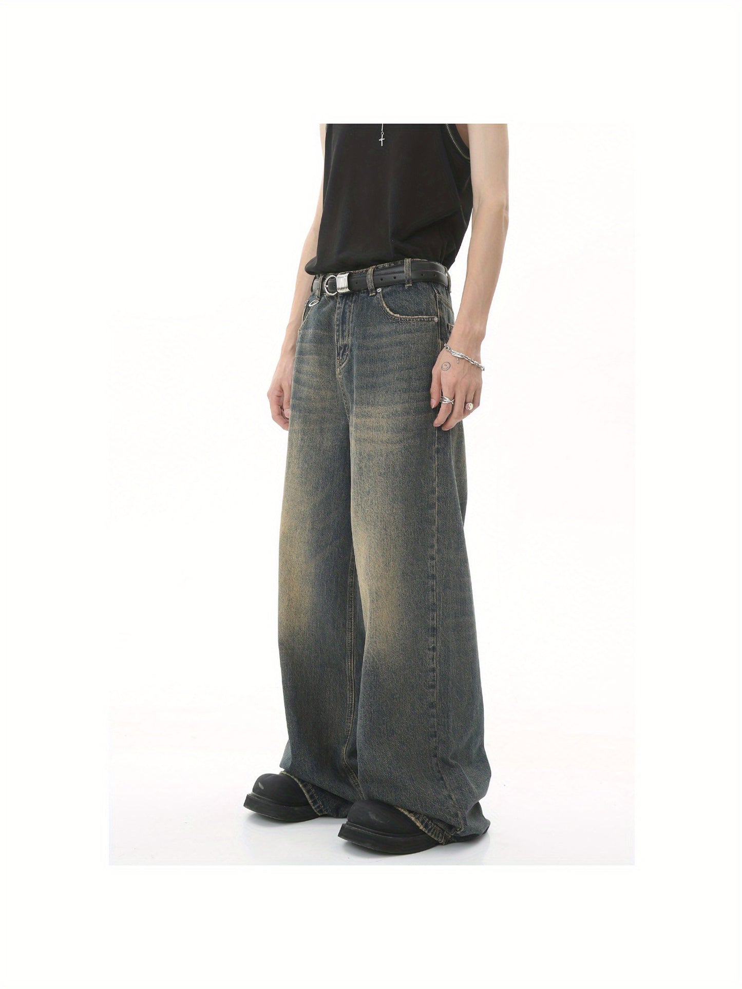 New unisex, all season, retro Hong Kong style, vintage, loose, wide leg, floor length jeans