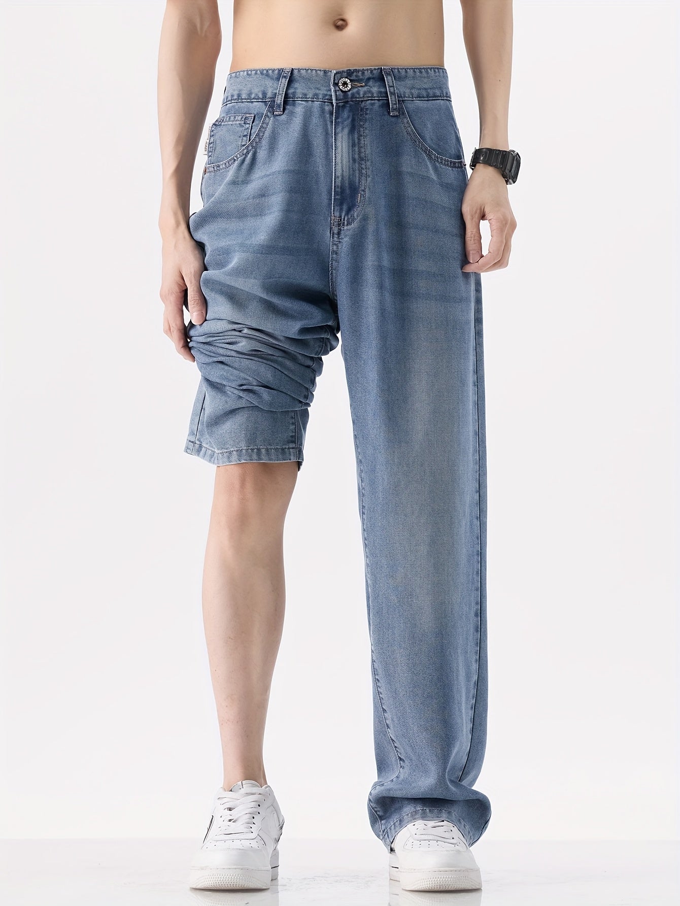 Men'S Vintage Washed Blue Wide-Leg Faux Denim - Breathable, Comfortable
