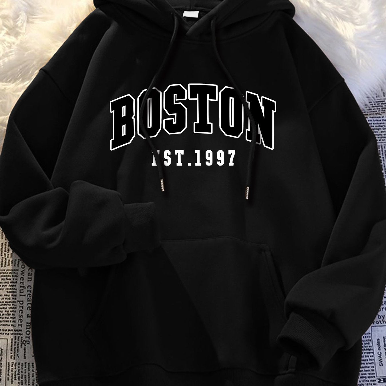 Men'S Black BOSTON EST 1997 Hoodie- Loose Fit Casual Pullover with Front Pocket, Machine Washable Autumn Winter Street Style Comfortable Hoodie