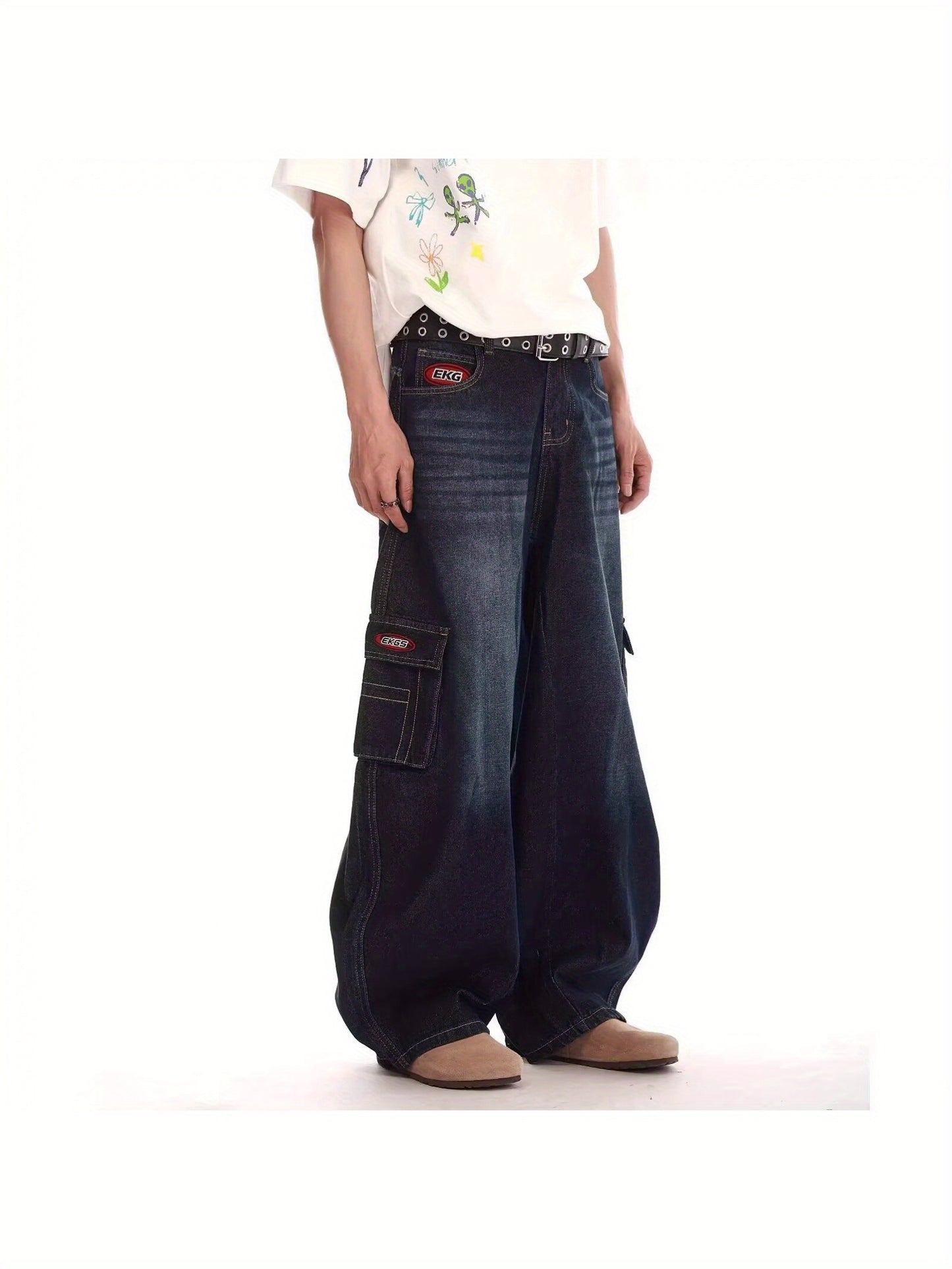 Men'S Dark Blue Scimitar Faux Denim - Vintage Style, Loose Fit, Straight Workwear with Slit Pockets, Wide Leg Faux Denim Pants for Autumn and Winter, Casual Streetwear|Vintage Faux Denim|Woven Texture