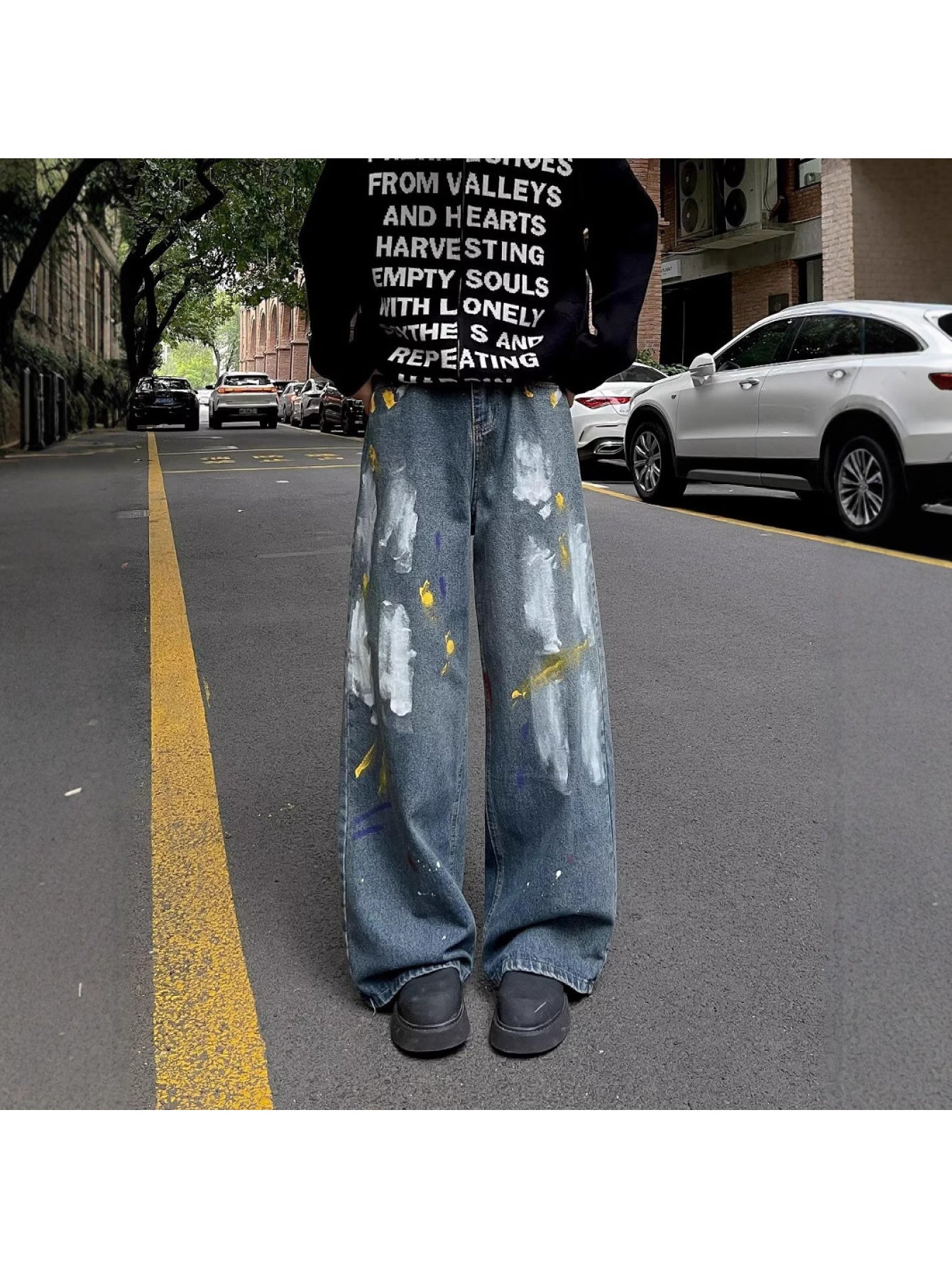 American Retro Paint Dot Graffiti Jeans Men High Waist Straight Wide Leg Pants 2024 New Casual Versatile Cargo Pants