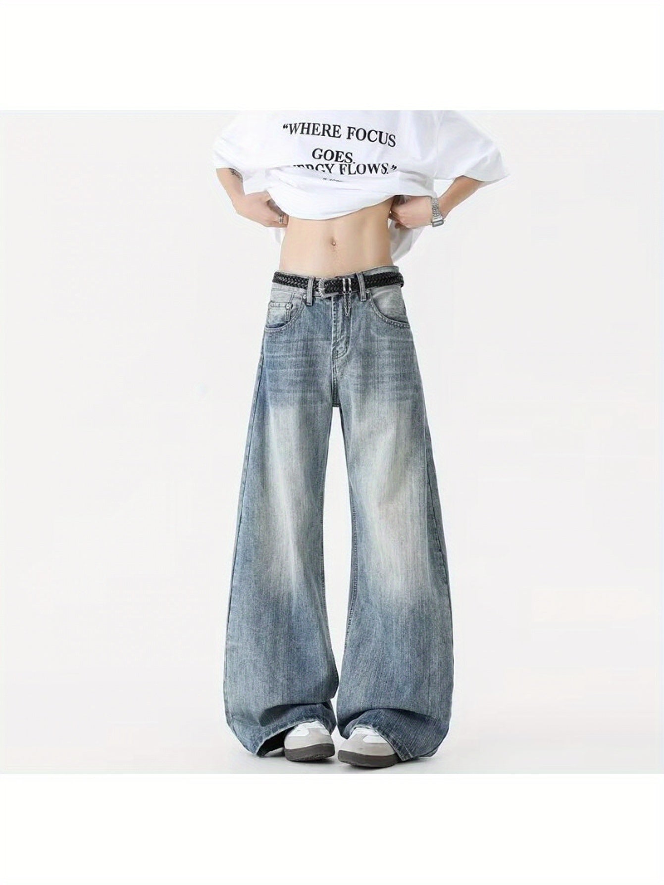 Men'S High-Waisted Wide-Leg Jeans - Vintage Washed Blue Denim, Casual Summer Style with Belt Loops & Pockets, Comfortable Mid-Rise Fit for Casual Attire