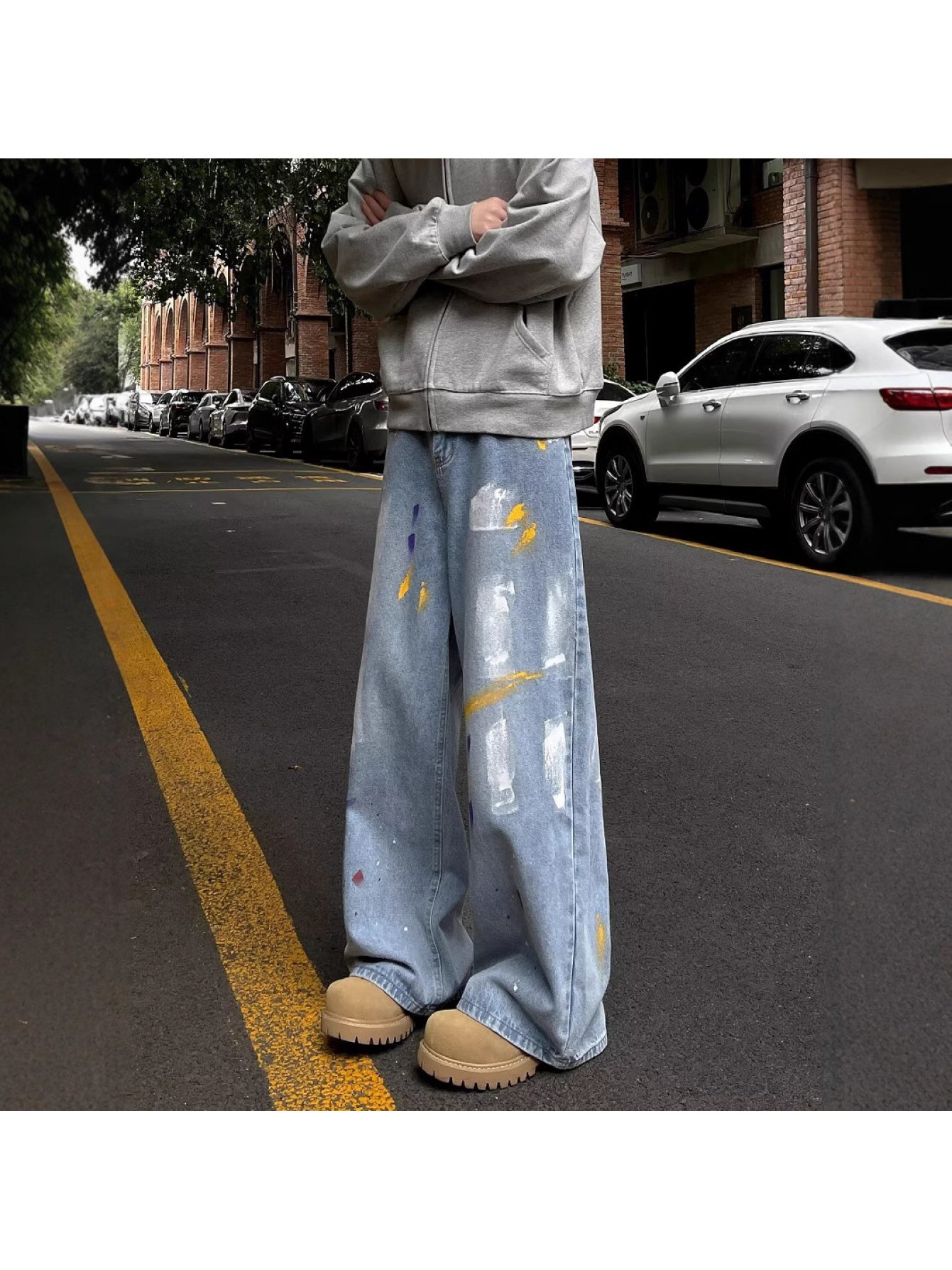 American Retro Paint Dot Graffiti Jeans Men High Waist Straight Wide Leg Pants 2024 New Casual Versatile Cargo Pants