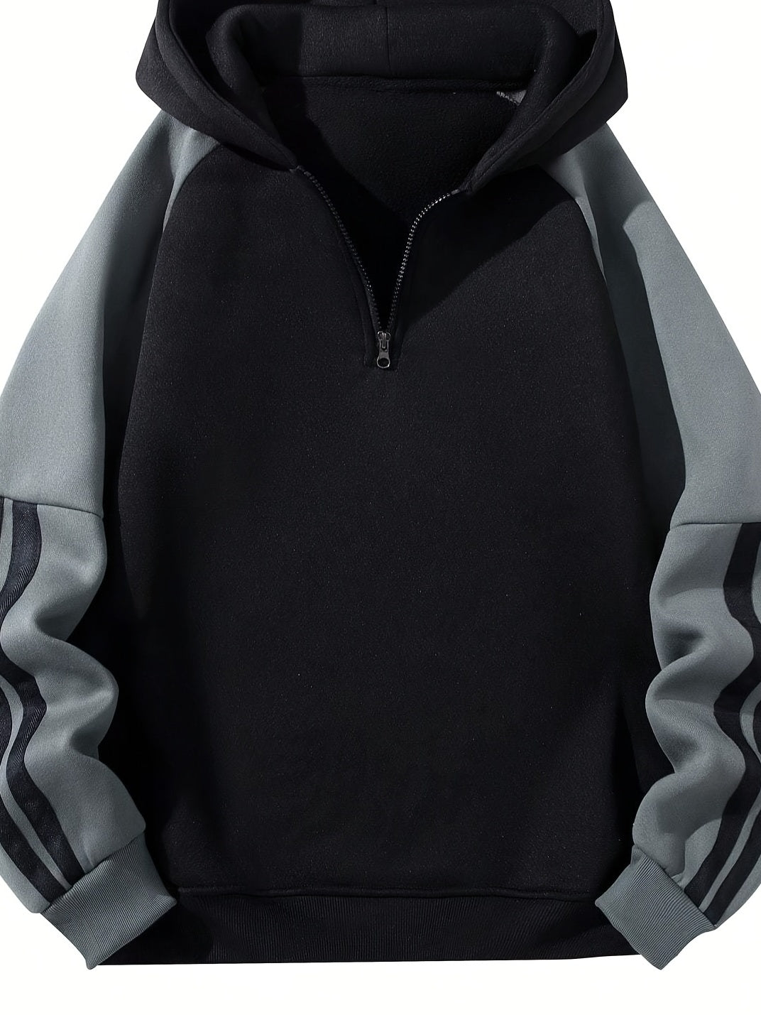 Men'S Casual Hooded Sweatshirt with Zipper - Black and Gray Striped Shoulder Sleeves, Regular Fit, Autumn and Spring Style, Casual Wear|Striped Hoodie|Zippered Hoodie