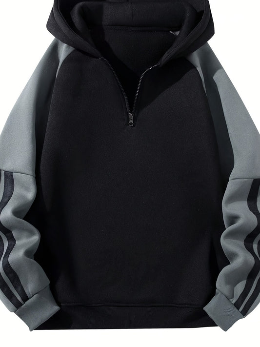 Men'S Casual Hooded Sweatshirt with Zipper - Black and Gray Striped Shoulder Sleeves, Regular Fit, Autumn and Spring Style, Casual Wear|Striped Hoodie|Zippered Hoodie