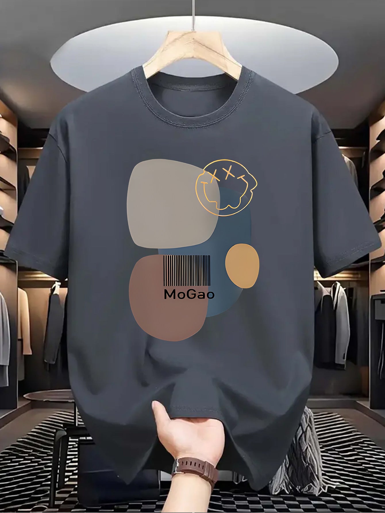 Mogao Men's Casual Short Sleeve T-Shirt - Light Blue Abstract Geometric Print, Breathable Summer Fabric, Regular Fit Round Neck, Machine Washable for Casual Attire, Versatile Fashion Top, Modern Aesthetic Shirt