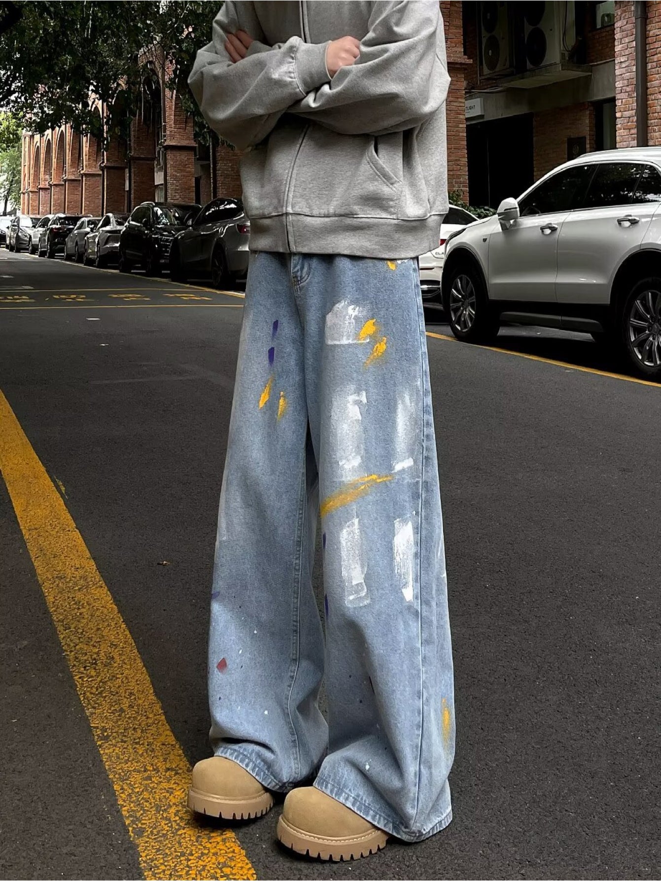 American Retro Paint Dot Graffiti Jeans Men High Waist Straight Wide Leg Pants 2024 New Casual Versatile Cargo Pants