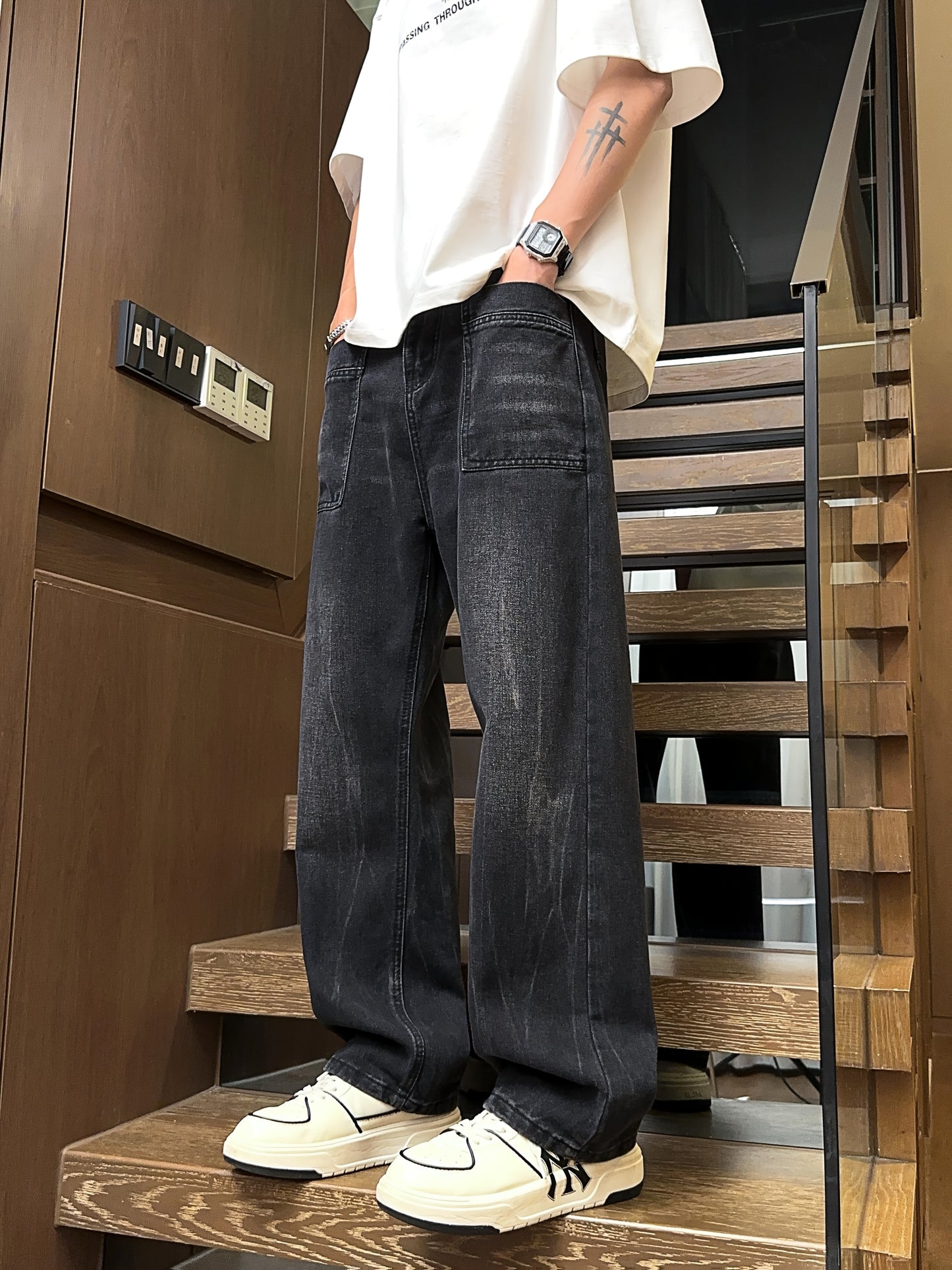 Men's Retro High Waisted Wide Leg Jeans - Straight Leg Mop Pants with Belt & Pockets