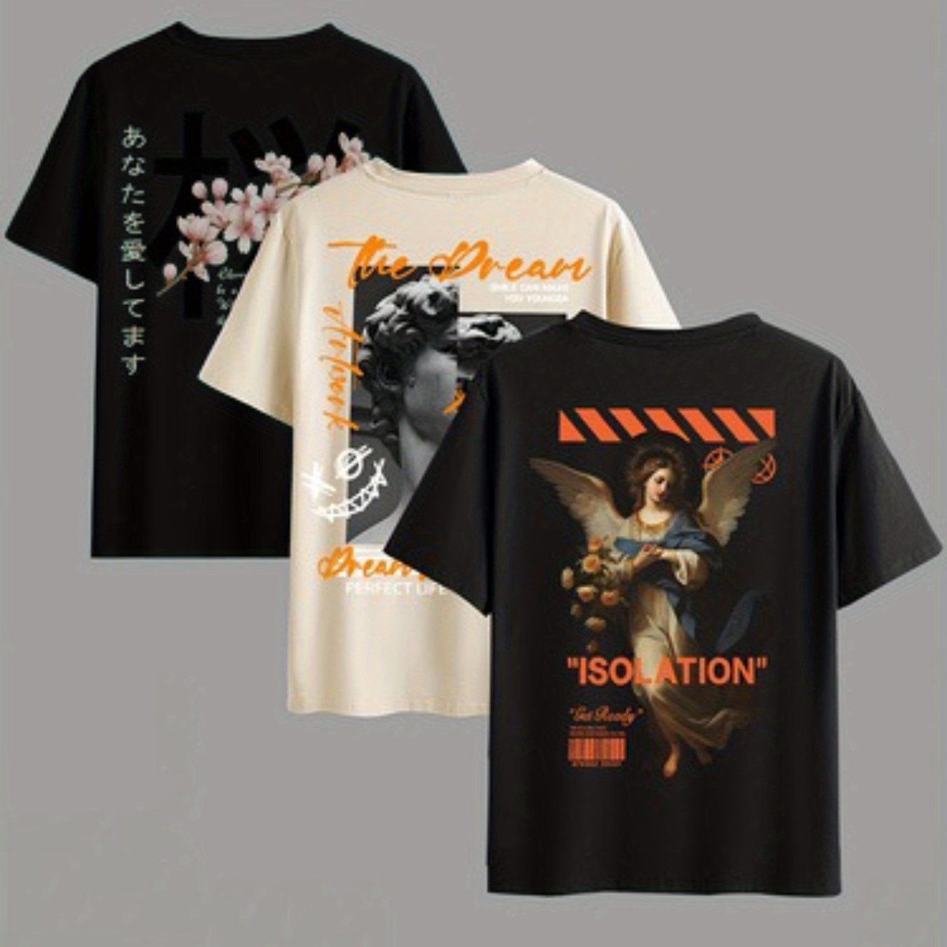 3pcs Men's Graphic T-Shirts - Artistic 'True Dream' Floral, Greek Statue & 'Isolation' Angel Design, Japanese Text, Soft Cotton Blend, Regular Fit Short Sleeve for Casual Summer Wear, Leisure Clothing | Modern Artistic Tee | Durable Print Quality