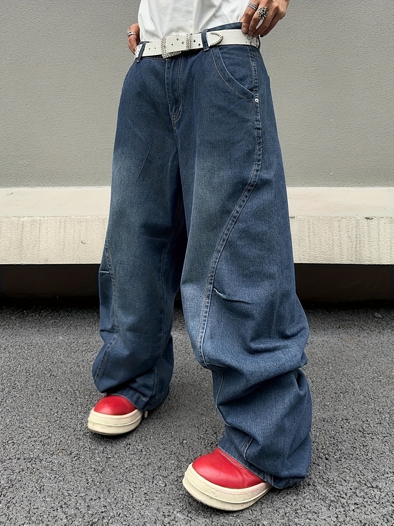 1pc Chinese Streetwear Men'S JeansHip-Hop Street Style American Retro Washed Trendy Long PantsHeavy-Duty Destroyed High-Street Men'S Jeans with Large PocketsAll-Season Wearable, Perfect for Daily Commuting