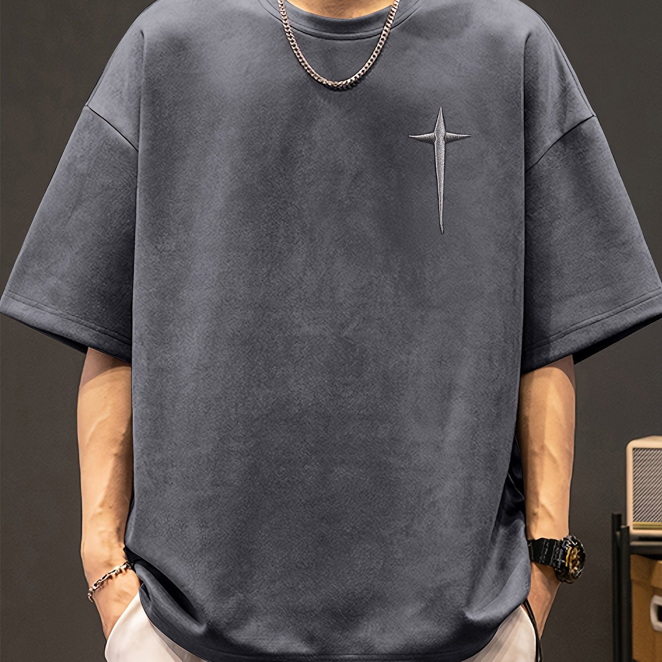 Men's Pierson OBM Fashion Casual Teal Embroidered Crew Neck Sweatshirt - Sporty Style, Polyester and Spandex Blend, Machine Washable, Summer Wear, Sporty Sweatshirt|Geometric Embroidery|Polyester Spandex Blend