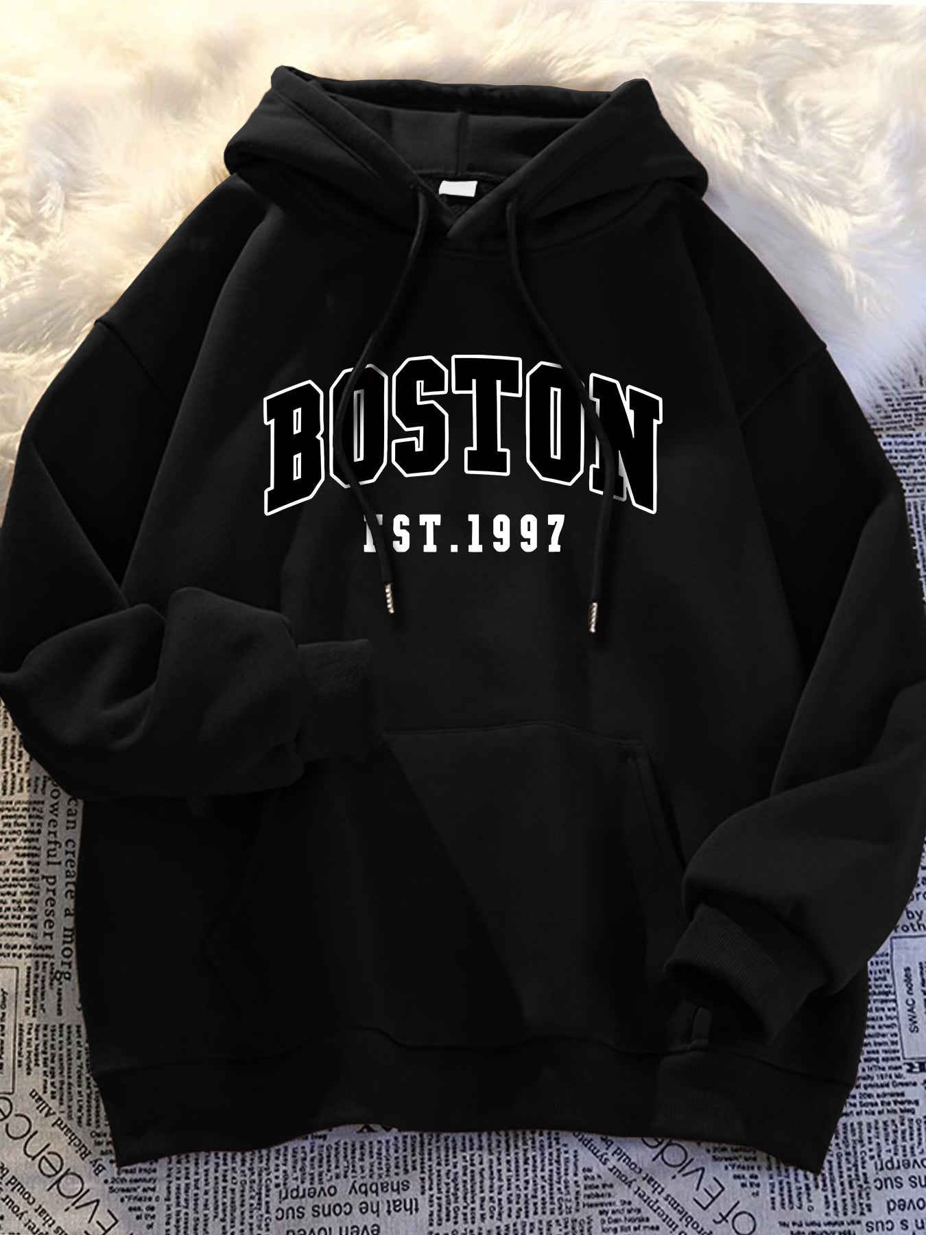 Men'S Black BOSTON EST 1997 Hoodie- Loose Fit Casual Pullover with Front Pocket, Machine Washable Autumn Winter Street Style Comfortable Hoodie