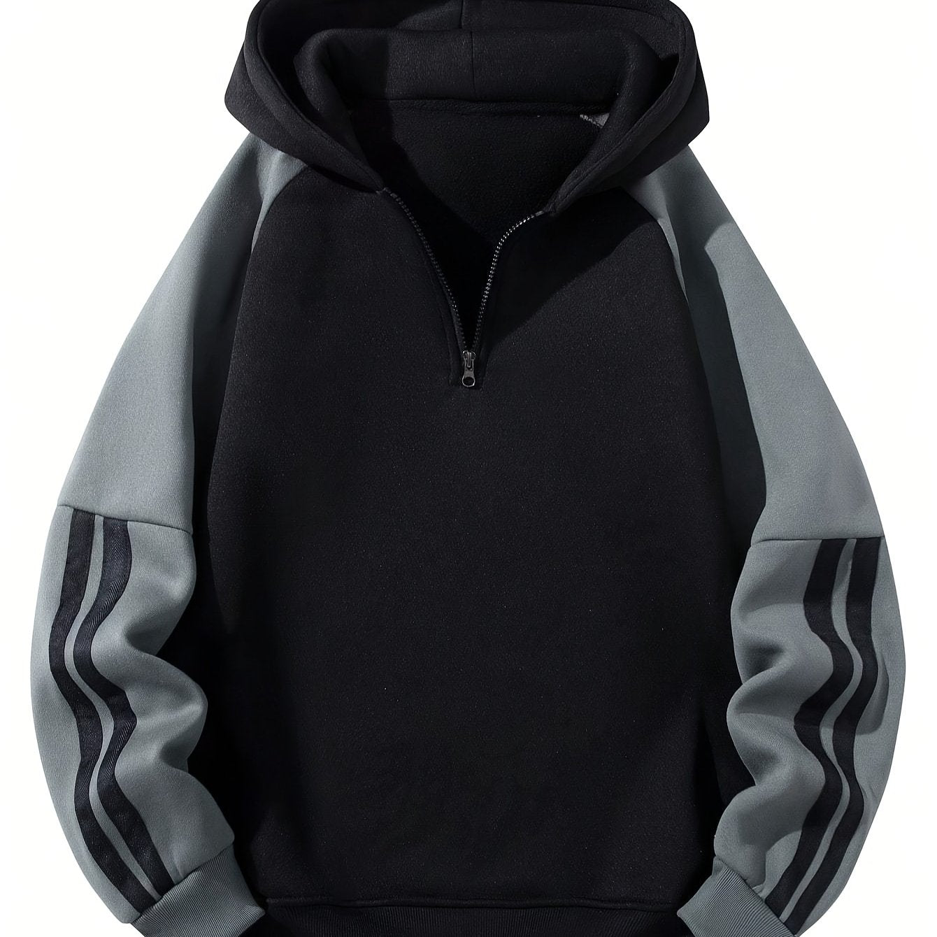 Men'S Casual Hooded Sweatshirt with Zipper - Black and Gray Striped Shoulder Sleeves, Regular Fit, Autumn and Spring Style, Casual Wear|Striped Hoodie|Zippered Hoodie
