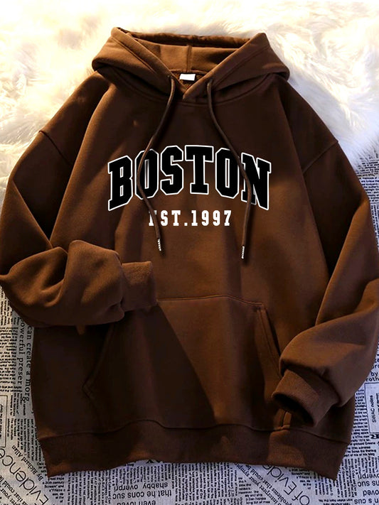 Men'S Black BOSTON EST 1997 Hoodie- Loose Fit Casual Pullover with Front Pocket, Machine Washable Autumn Winter Street Style Comfortable Hoodie