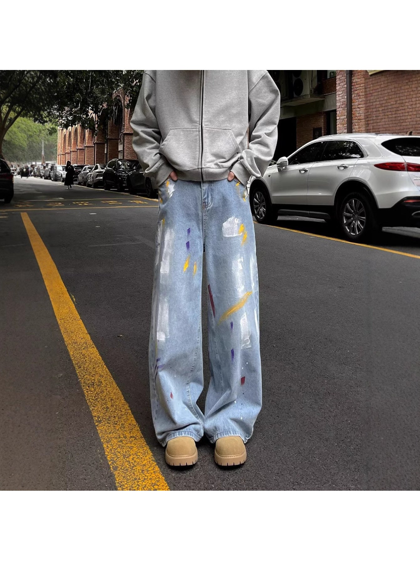 American Retro Paint Dot Graffiti Jeans Men High Waist Straight Wide Leg Pants 2024 New Casual Versatile Cargo Pants