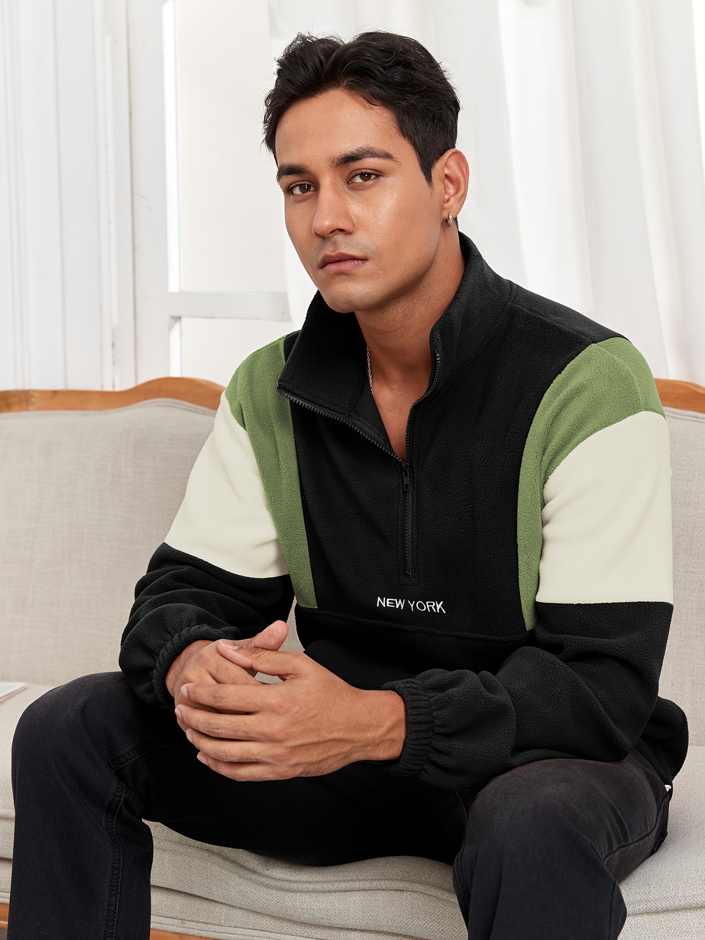 Men's Fluffy Polar Fleece Hoodie with NEW YORK Lettering & Colorblock Design - Half-Zip Stand Collar Sweatshirt, Loose Fit Unisex Pullover for Casual & Athletic Wear, Machine Washable (Black\u002FOlive\u002FBeige)