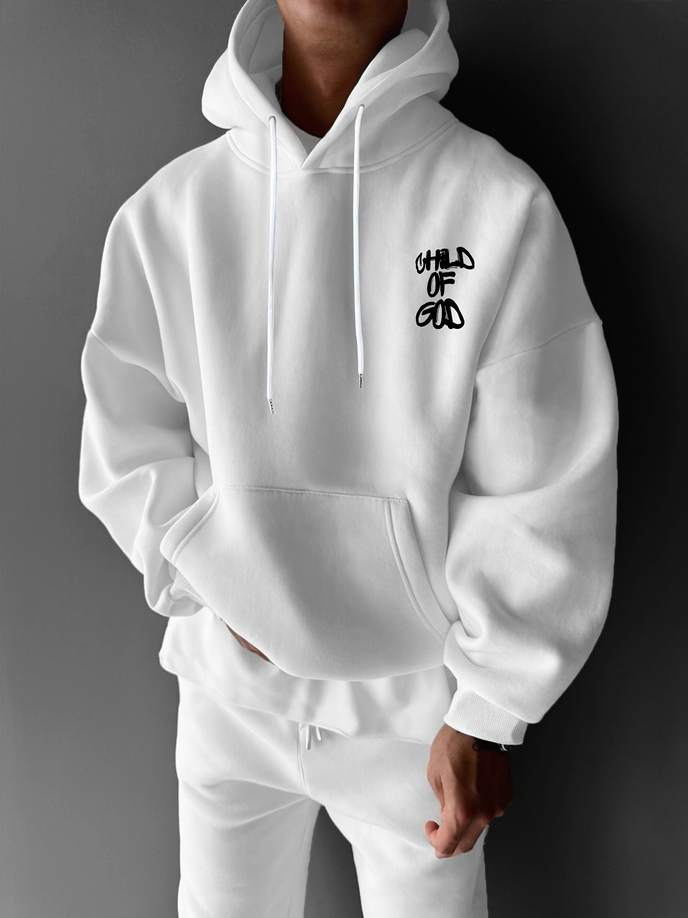 Neutral Style God's Childhood Print Shoulder Drop Round Neck Sweatshirt, Autumn and Winter Men's Loose Casual Long Sleeve Round Neck Hoodie, Men's Daily Wear