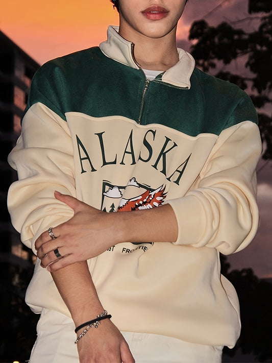 Men's Vintage Alaska Graphic Print Colorblock Fleece Quarter-Zip Sweatshirt - Stand Collar Streetwear Pullover with Mountain & Tree Design, Machine Washable Casual Long Sleeve Top