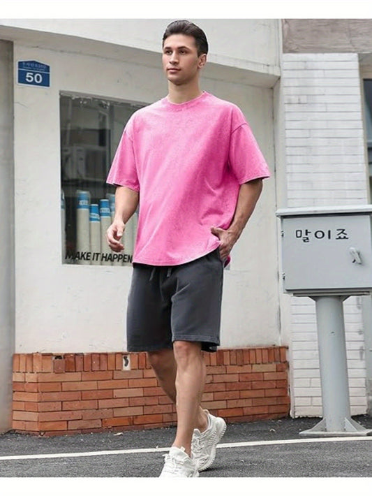 4pcs Men's oversized cotton T-shirt loose vintage wash T-shirt Neutral heavyweight short-sleeved casual shirt shirt wash round neck loose basic street wear loose top