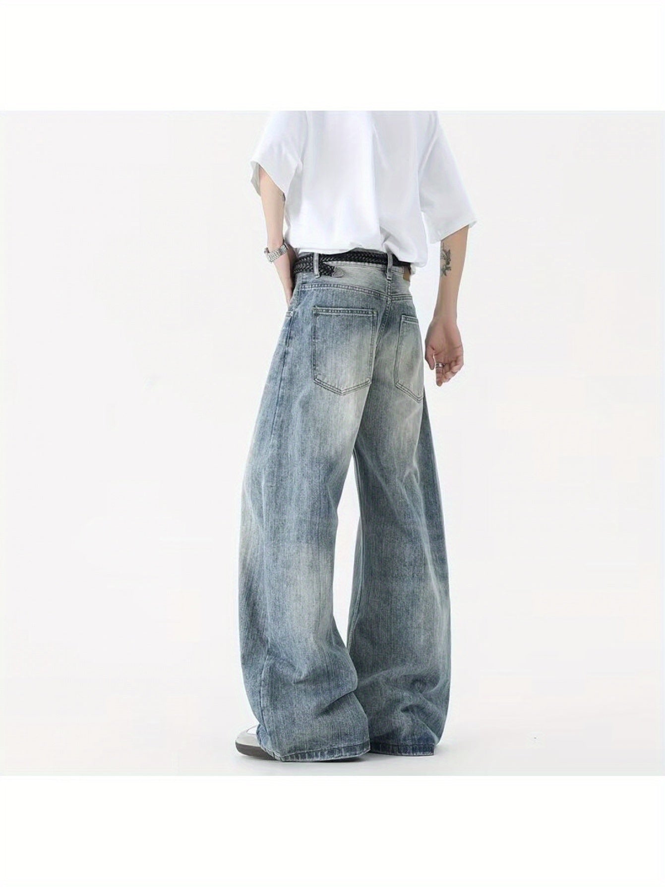 Men'S High-Waisted Wide-Leg Jeans - Vintage Washed Blue Denim, Casual Summer Style with Belt Loops & Pockets, Comfortable Mid-Rise Fit for Casual Attire