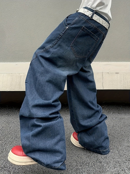1pc Chinese Streetwear Men'S JeansHip-Hop Street Style American Retro Washed Trendy Long PantsHeavy-Duty Destroyed High-Street Men'S Jeans with Large PocketsAll-Season Wearable, Perfect for Daily Commuting