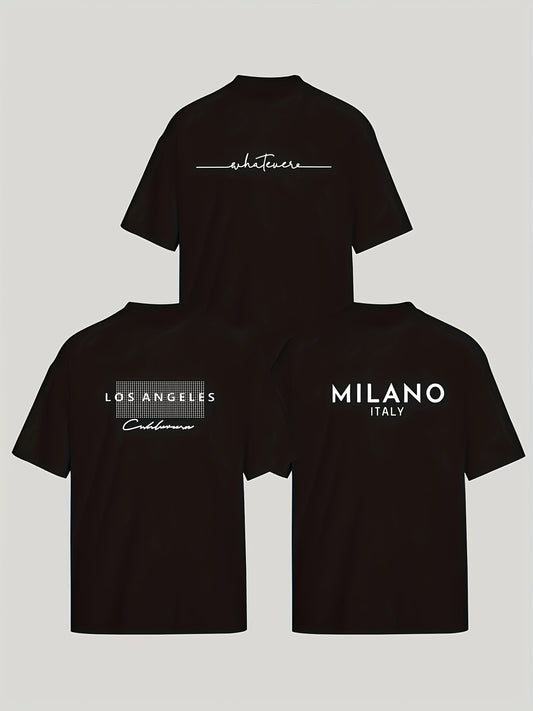 3pcs Stylish T-shirt Set with Los & Milan Art Monogram Print - Relaxed, Breathable Polyester Blend, Machine Washable - Perfect for Summer