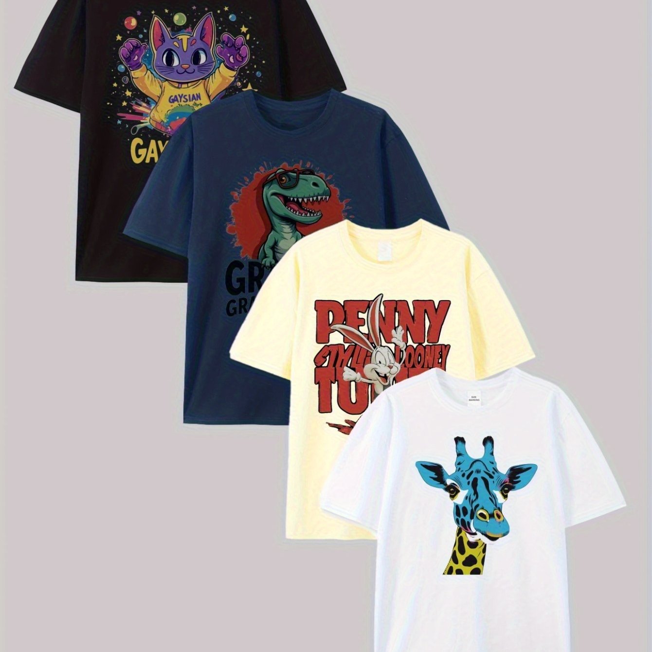 4pcs Men'S Cotton T-Shirts - Fun Cartoon Print, Soft & Breathable, Loose Fit, Short Sleeve, Round Neck, 220g\u002F㎡, Perfect for Casual Summer Wear, Machine Washable, Casual Summer Wear | Playful Graphic Tee | Soft Cotton Tee