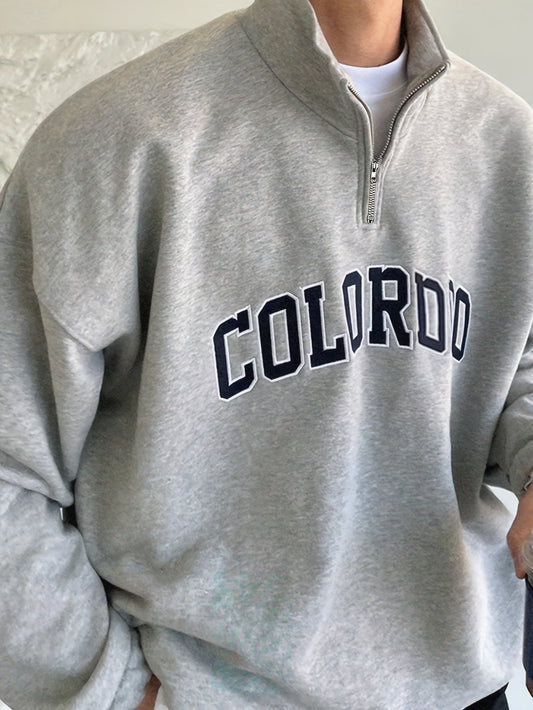 Gray vintage sweatshirt for men, spring and autumn, with letters, Korean style, can be worn in layers, loose long sleeves, half zipper on